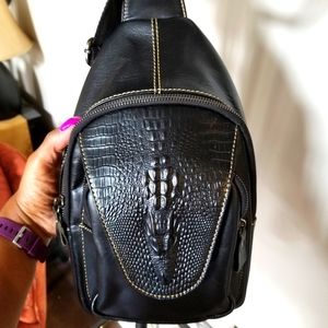 Hand made - Genuine Leather Black Croco Embossed - Unisex - Sling backpack
